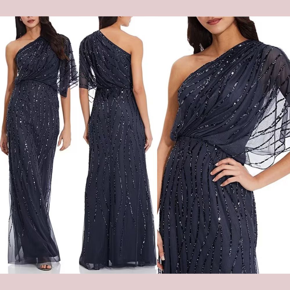 NWT $269 Adrianna Papell [ 12 ] Sequin One-Shoulder‎ Gown in Navy Blue